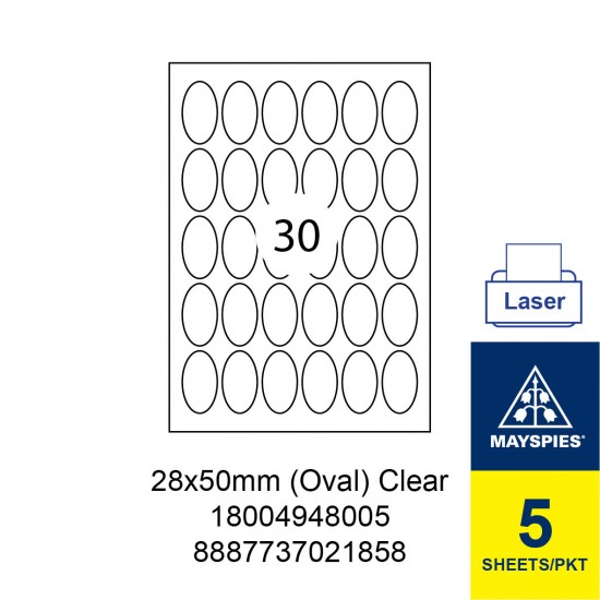 MAYSPIES 18004948005 PREMIUM COLOR LASER LABEL / 5 SHEETS/PKT CLEAR/TRANSPARENT / 28X50MM OVAL